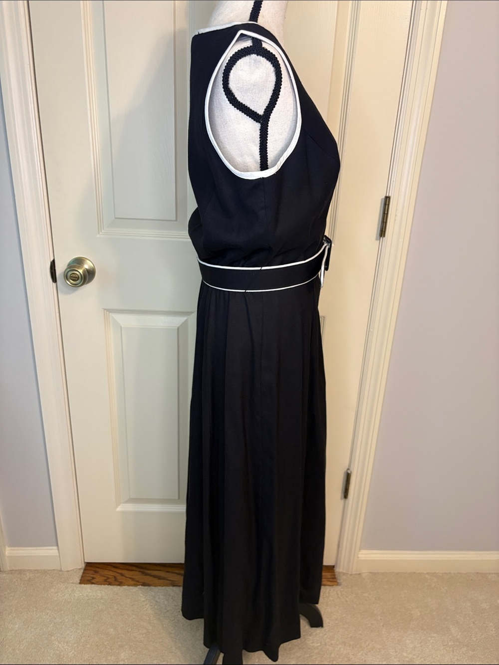 Vintage TALBOTS Belted Linen Black White Piping Button Down Sun Dress size 12 - Picture 6 of 11